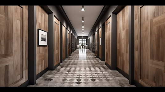 现代奢华的酒店走廊与木材和瓷砖设计的 3d 渲染