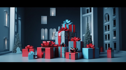 假日特卖背景图片_圣诞节和新年促销 3D 渲染黑色星期五超级促销，配有礼品盒和家居装饰