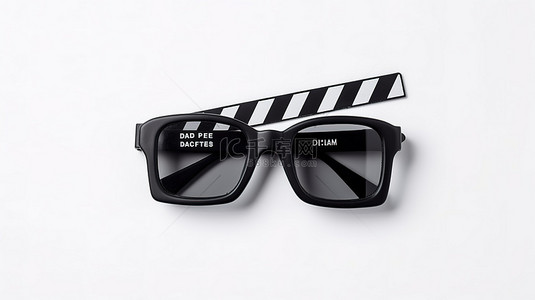 电影拍板上复古 3D 眼镜的顶视图，白色背景上有电影制作和娱乐行业元素
