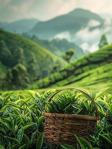 装满茶的竹篮茶园高清图片