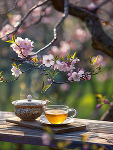 春天桃花树下喝茶摄影配图