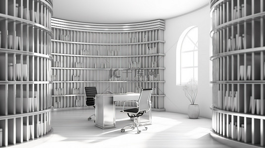 现代工作空间被包裹在一个银色的笼子里，使用 3D 图形在白色背景上描绘