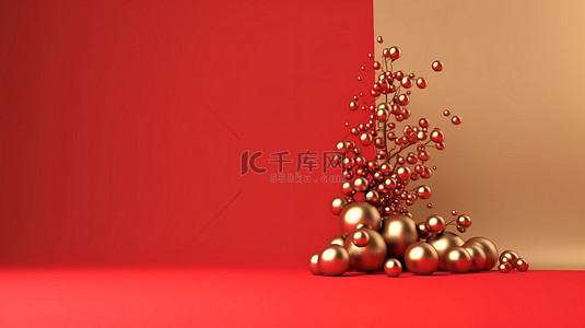 红色冬季背景图片_3D 渲染红色圣诞背景与金球圣诞树，并留下冬季假期的完美代表，左侧有充足的可用空间