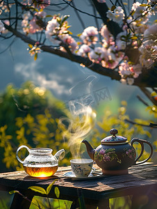 春天桃花树下喝茶高清摄影图