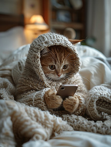 可爱的小猫拿着智能手机摄影图