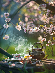 春天桃花树下喝茶高清摄影图
