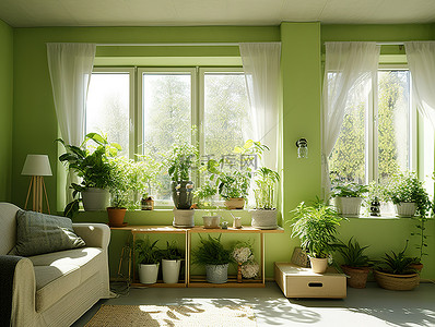 充满窗户和植物的家中的客厅