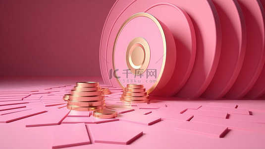 粉红色的钱储蓄阶梯到业务目标 3d 在目标板上渲染硬币