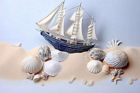 沙子框架中的蓝色船和贝壳