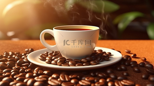 一杯咖啡和现实咖啡豆的 3D 渲染背景