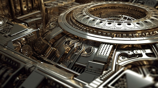 宇宙飞船或机器人上的金属技术电镀图案 3D 插图