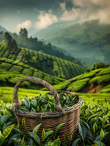 装满茶的竹篮茶园摄影照片