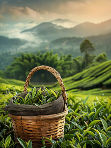 装满茶的竹篮茶园照片