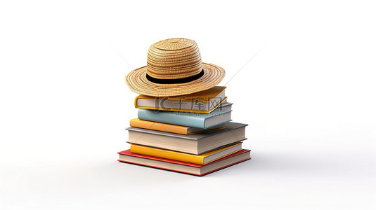 赋背景图片_学习赋权 3D 帽子靠在白色背景等距设计的书本上，具有现代平面元素
