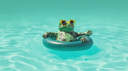 派对泳池背景图片_充气青蛙漂浮是您海滩或泳池日 3D 插图的完美补充，带有复制空间