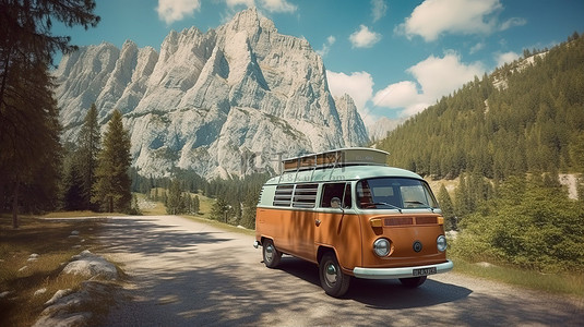道路风景汽车背景图片_意大利雄伟的多洛米蒂迪布伦塔山脉的老式货车冒险3D 渲染