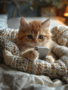可爱的小猫拿着智能手机高清图片