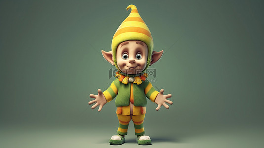 身穿黄色和绿色衣服的顽皮精灵小丑的 3D 插图