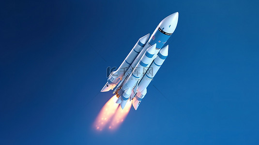 火箭卫星背景图片_蓝色背景的 3D 渲染，具有可重复使用的轨道级火箭