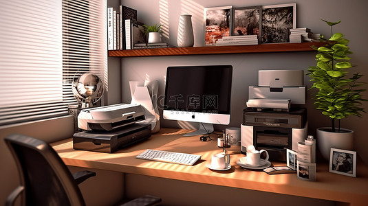 办公室卡通背景背景图片_带有现代计算机和办公设备的时尚家庭办公室的 3D 插图