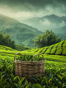 装满茶的竹篮茶园摄影配图