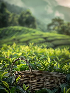 装满茶的竹篮茶园摄影照片