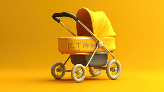 黄色婴儿车婴儿车和婴儿车的当代双色调模型，在充满活力的背景 3d 渲染上