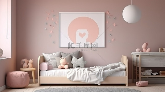 3D 渲染的儿童卧室，配有斯堪的纳维亚风格的内饰和模拟海报框架