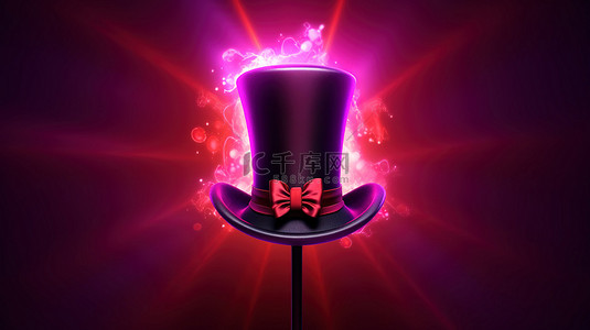 小黑礼帽背景图片_迷人的高顶礼帽红丝带和魔杖，在 3D 渲染的紫色背景下闪烁着光线