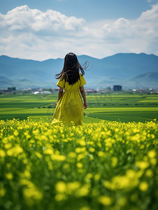 油菜花摄影照片_春天美女赏花背影图片