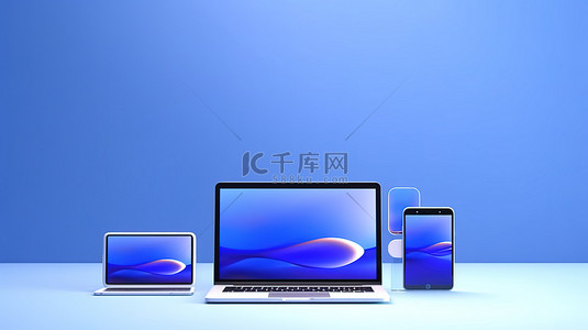 蓝色笔记本电脑背景图片_蓝色背景 3D 渲染隔离笔记本电脑平板电脑和带屏幕模型的智能手机