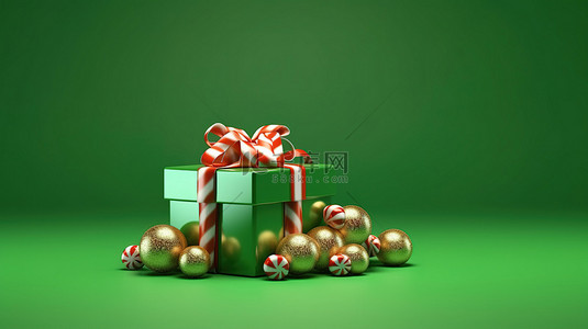 圣诞节横幅的 3D 渲染，其特色是绿色背景上的礼品盒圣诞球糖果手杖和星星，并带有复制空间