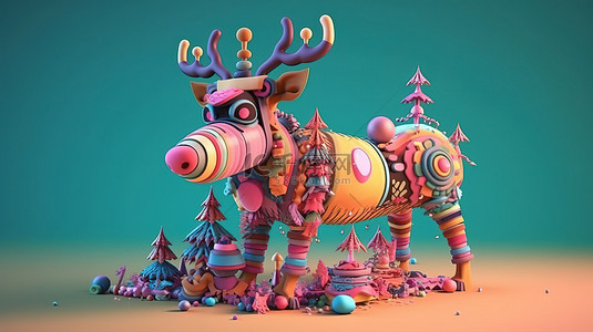 卡通 3D 渲染中的现代化圣诞鹿，配有新的正常装饰