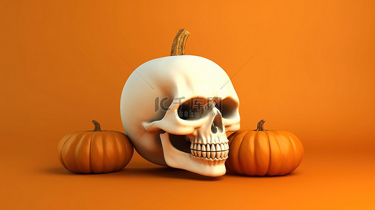 橙色背景下白色头骨和万圣节南瓜的 3D 插图