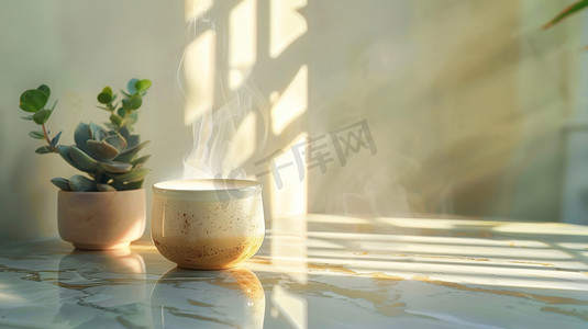 冒着热气的碗摄影照片_简约室内盆景咖啡的摄影4摄影图