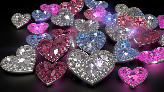 优雅粉色背景背景图片_具有奢华闪光效果的 3d 心形和钻石背景图案