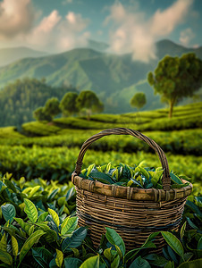 装满茶的竹篮茶园高清图片