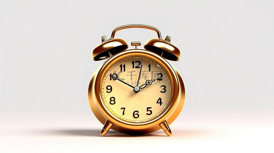 金色色调的复古桌架时钟，带有白色背景 3D 插图中的响铃警报