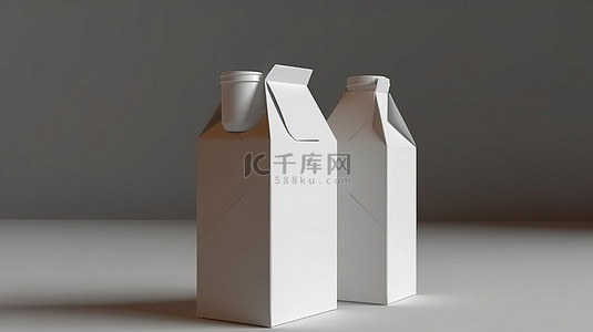 用于模型模板设计的空白纸盒果汁包和白牛奶包的真实 3D 渲染