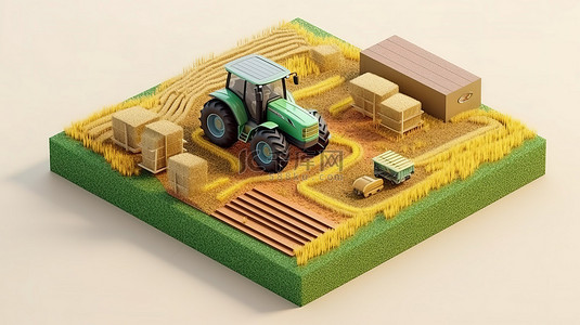麦田背景图片_白色背景下带有收割拖拉机和小麦作物的农场的等距视图