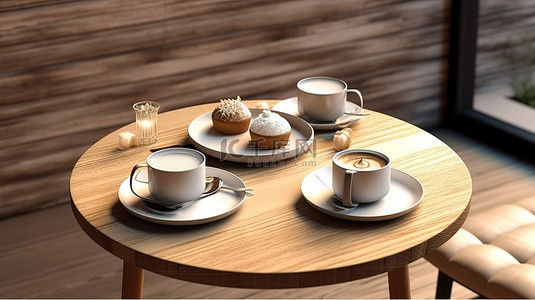 木顶餐桌的 3D 渲染，配有咖啡蛋糕和杯子