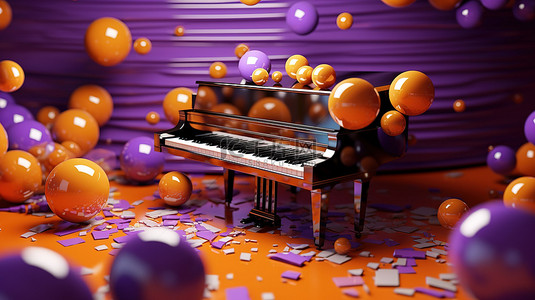 充满活力的音乐场景紫色背景，带有音符和彩色球环绕橙色钢琴 3D 渲染