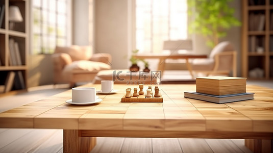 传统的办公桌装饰着文具，在 3D 朦胧的客厅环境中提供书写表达的空间