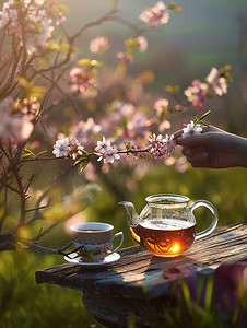 春天摄影照片_春天桃花树下喝茶高清图片