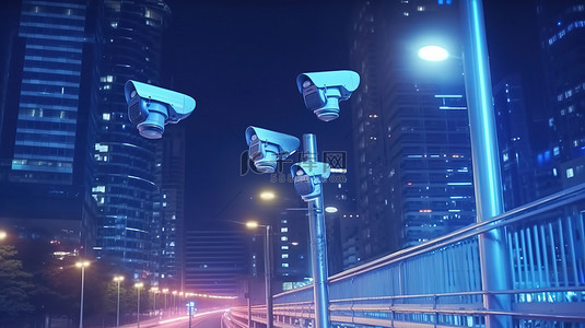 夜间城市监控 3D 渲染闭路电视摄像机监控街道活动