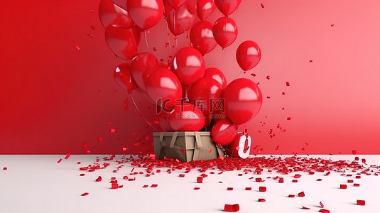 优惠庆典背景图片_红布横幅气球和五彩纸屑在 3D 渲染中提供独家优惠