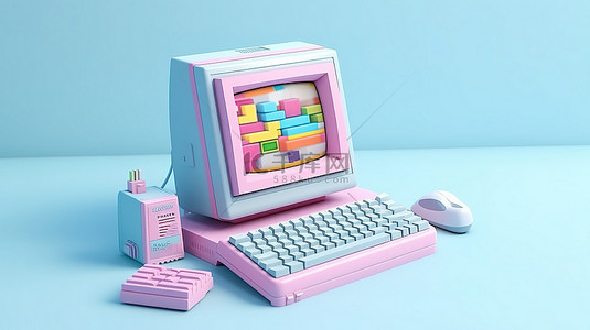 玩具台式电脑和键盘模型的 3D 渲染