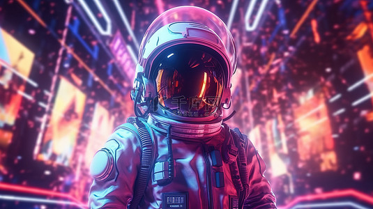 赛博朋克氛围背景图片_太空中的夜总会氛围 宇航员在充满活力的霓虹灯和音乐中的 3D 渲染