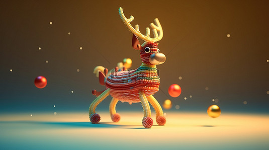 坐卡通人物背景图片_圣诞驯鹿的 3D 卡通渲染与新常态时尚的现代节日装饰