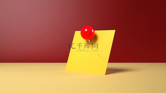 3d 渲染的红色图钉持有黄色便签